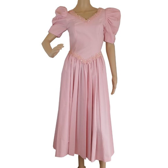 Laura Ashley Pink Bead Embellished Party Dress. Deep V-Neck, Low Back. Waist Bow - Picture 3 of 12
